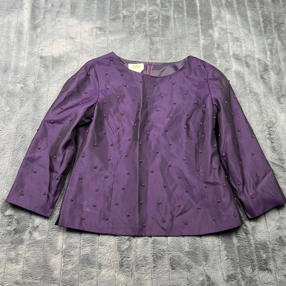 Talbots Purple Beaded Pure Silk Blouse Top 10 Evening Formal 3/4 Sleeve 14998